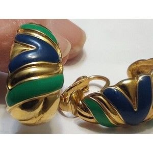 Earrings Clip On Gold with blue and green enamel 1" long X 1/2" wide
